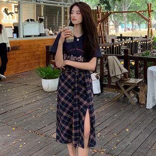 Elbow-sleeve Lettering T-shirt / Plaid Skirt