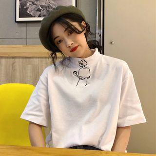 Mock-turtleneck Cartoon Embroidered Short-sleeve T-shirt