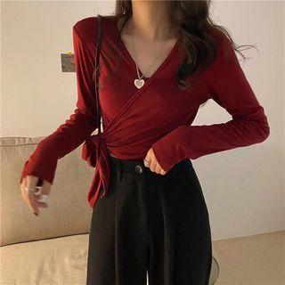 Long-sleeve Tie-waist Crop Top / Lace Trim Undershorts
