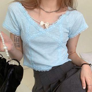 Cap-sleeve Lace Trim Crop Top