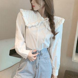 Long-sleeve Frill Trim Sailor Collar Top White - One Size