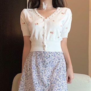 Floral Embroidered Short-sleeve Cropped Cardigan White - One Size