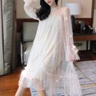 Long-sleeve Glitter Mesh A-line Midi Dress Off-white - One Size