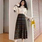 Plaid Pleated A-line Midi Skirt Plaid - Yellow - One Size