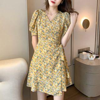 Short-sleeve Floral Mini A-line Wrap Dress