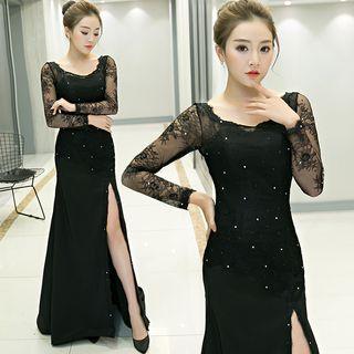 Lace Panel Side Slit Evening Gown