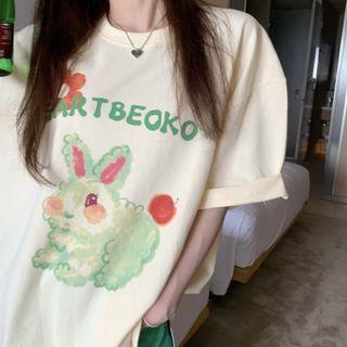 Elbow-sleeve Cartoon Print T-shirt Beige - One Size