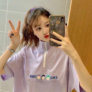 Cartoon Print Half-zip Mock Turtleneck Elbow-sleeve T-shirt
