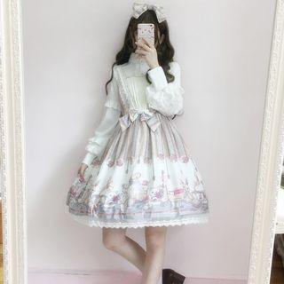 Long-sleeve Lace-trim Printed A-line Dress