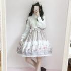 Long-sleeve Lace-trim Printed A-line Dress