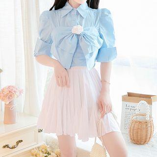 Puff-sleeve Mock Two-piece Bow Accent Top + High-waist Plain Pleated Mini Skirt
