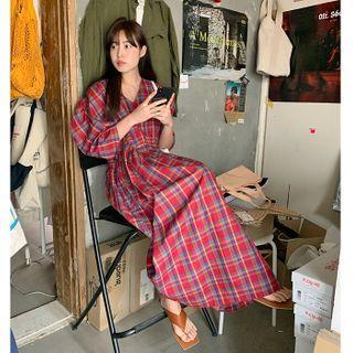 Puff-sleeve Plaid Long Dress Red - One Size