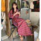 Puff-sleeve Plaid Long Dress Red - One Size