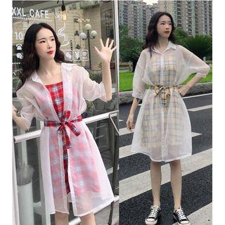 Set: Plaid Spaghetti Strap Top + Sheer Elbow-sleeve Dress With Sash
