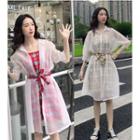 Set: Plaid Spaghetti Strap Top + Sheer Elbow-sleeve Dress With Sash
