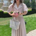 Puff-sleeve Notch Lapel Plaid Midi A-line Dress
