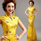 Cap-sleeve Embroidered Qipao Evening Gown