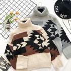 Color-block Pattern Turtle-neck Loose-fit Sweater