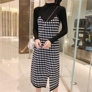Mock-turtleneck Knit Top / Argyle A-line Pinafore Dress / Set