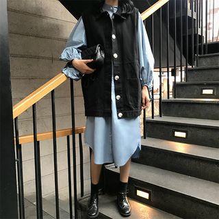 Buttoned Vest / Long-sleeve Midi Shirt Dress