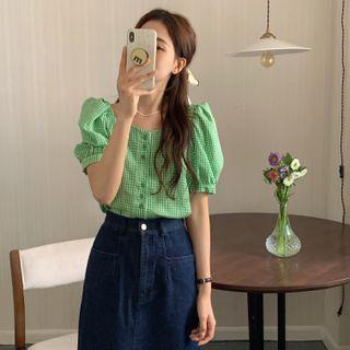 Puff-sleeve Plaid Blouse / High-waist Split Denim Skirt