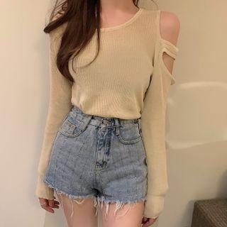 Long-sleeve Single Off-shoulder Plain Slim Fit Knit Top