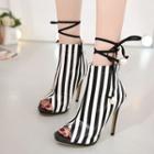 Striped Stiletto Heel Peep Toe Ankle Boots