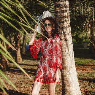 3/4-sleeve Tasseled Trim Playsuit