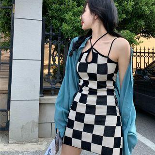 Strappy Check Sheath Dress Check - Black & White - One Size