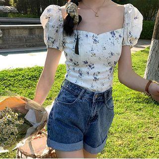 Floral Puff-sleeve Cropped Blouse