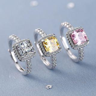 Square Rhinestone Sterling Silver Open Ring