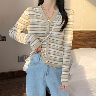 Long-sleeve V-neck Striped Button-up Top
