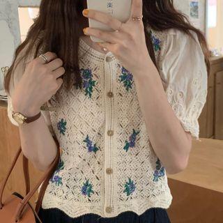 Perforated Embroidered Puff-sleeve Top