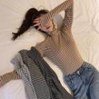 Striped Turtleneck Ribbed Long-sleeve Top