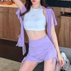 Long-sleeve Cut-out Button-up Cropped T-shirt / Butterfly Embroidered Tank Top / Drawstring Shorts