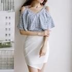 Gingham Cold Shoulder Blouse / Asymmetric Mini Skirt