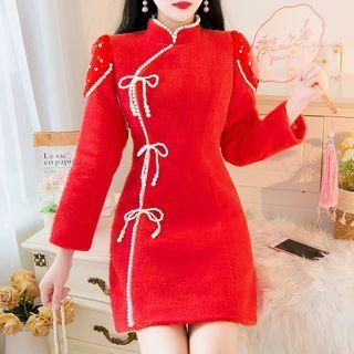 Long-sleeve Faux Pearl Mini Sheath Qipao Dress
