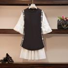 Set: Elbow-sleeve A-line Dress + Embellished Vest