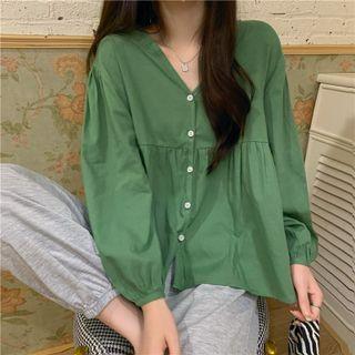 Long-sleeve V-neck Button-up Blouse Green - One Size