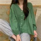 Long-sleeve V-neck Button-up Blouse Green - One Size