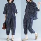 Set: Elbow-sleeve Pinstriped Blouse + Capri Harem Pants Stripe - Blue & White - One Size