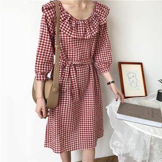 Plaid Ruffle Trim 3/4 Sleeve Dress