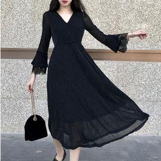 Lace Panel 3/4 Sleeve Glitter Midi A-line Dress