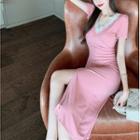 Short-sleeve Slit-hem Lace Trim Midi A-line Dress