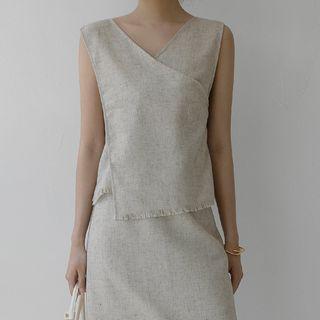 Sleeveless Fringe-hem Wrap Top Oatmeal - One Size