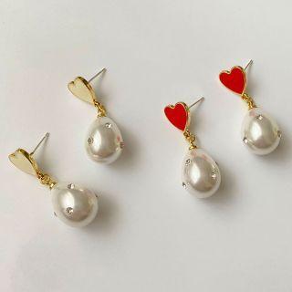 Heart Glaze Faux Pearl Dangle Earring Set Of 2 Pair - Earring - Love Heart - Red & Gold - One Size