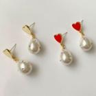 Heart Glaze Faux Pearl Dangle Earring Set Of 2 Pair - Earring - Love Heart - Red & Gold - One Size