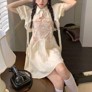 Puff-sleeve Crop Shirt / Spaghetti Strap Floral Print Mini A-line Dress