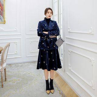 Set: Flower Embroidered Blazer + A-line Skirt