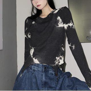 Long-sleeve Tie-dye Buckled T-shirt Black - One Size